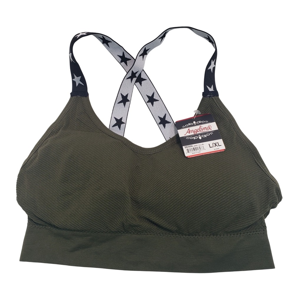 Angelina Sport Bra Olive Green‎ Ribbed Star Straps L XL Seamless Comfort